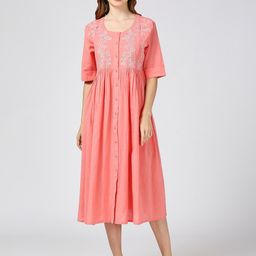 MeeMee Round Neck Maternity Cotton Fit & Flare Midi Dress-image-71