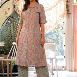 AKS Ethnic Motifs Printed Shirt Collar Short Sleeves Pure Cotton Kurta Set-image-36