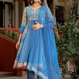 Juniper Floral Embroidered Thread Work Anarkali Kurta With Trouser & Dupatta-picture-5