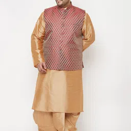 VASTRAMAY Plus Size Men Gold-Toned Kurta with Dhoti Pants & Nehru Jacket-picture-30