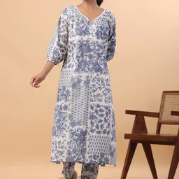 Janasya Women Floral Printed Regular Pure Cotton Kurta with Trousers-image-34