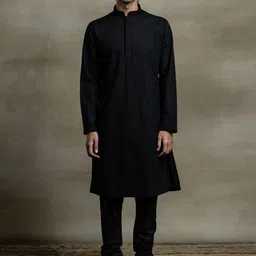 Tasva Men Black Embroidered Beads and Stones Pure Cotton Kurta with Churidar-picture-27