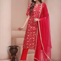 Inddus Red Floral Embroidered Sequined Regular Kurta with Trousers & Dupatta-18
