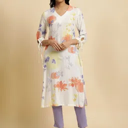 W Floral Printed V-Neck Regular Kurta with Trousers-picture-9