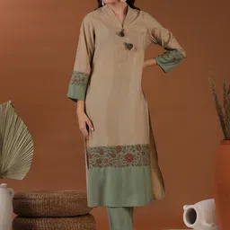Inddus Floral Embroidered Straight Kurta with Trousers-image-77
