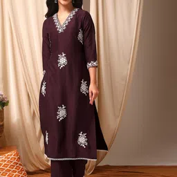 Inddus Burgundy Floral Embroidered Thread Work V-Neck Straight Kurta With Palazzo-image-51