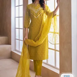 Inddus Ethnic Motifs Embroidered Chanderi Cotton Kurta With Trousers & With Dupatta-image-36