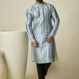 Inddus Blue Ethnic Motifs Digital Printed Mandarin Collar Regular Kurta with Trouser-picture-11