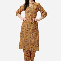 HERE&NOW Women Mustard Yellow Floral Printed Kurti with Trousers-picture-57