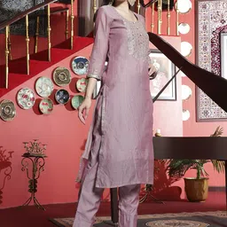 Sangria Ethnic Motifs Yoke Design Sequinned Straight Kurta & Trouser With Dupatta image 3