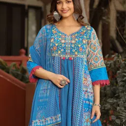 Juniper Floral Embroidered Thread Work Anarkali Kurta With Trouser & Dupatta image 4