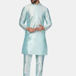 TAHVO Mandarin Collar Regular Dupion Silk Kurta With Pyjamas image 1
