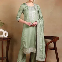 AHIKA Women Yoke Design Regular Sequinned Kurta with Trousers & With Dupatta image 4