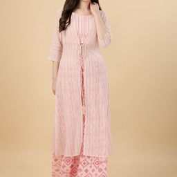 PMD Fashion Striped Regular Top With Printed Palazzos &  Longline Jacket image 1