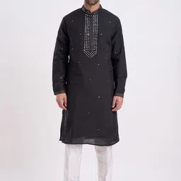 KALPRAAG Black Cotton Silk Mirror Work Kurta-image-91