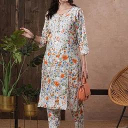 ADA Floral Printed Round Neck Regular Lucknowi Chikankari Kurta with Trousers-picture-21