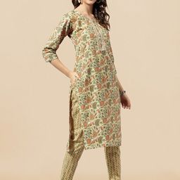 KALINI Floral Printed Gotta Patti Pure Cotton Kurta With Trousers-image-14