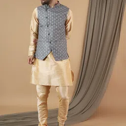 Wintage Mandarin Collar Long Sleeves Straight Kurta with Churidar And Printed Nehru jacket-image-81