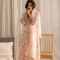 House of Pataudi Peach & Pink Floral Printed Flared Kurta With Trouser & Dupatta-picture-12
