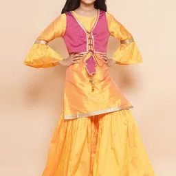 Modish Couture Girls Bell Sleeves Pure Silk Kurta With Sharara & Jacket-picture-11