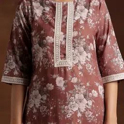 Libas Floral Printed Regular Thread Work Kurta with Trousers & With Dupatta image 2