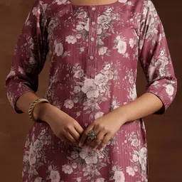 Libas Floral Printed Regular Thread Work Kurta with Trousers & With Dupatta image 2