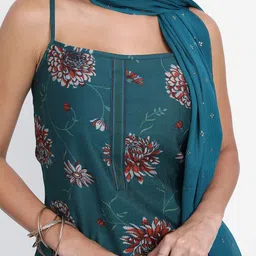 Vishudh Teal Blue & Red Floral Printed Regular Kurta With Trousers & Dupatta image 2