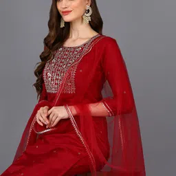 AHIKA Maroon Ethnic Motifs Yoke Design Regular Kurta With Trousers & Dupatta image 2