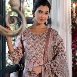 KALINI Floral Printed Regular Thread Work Pure Cotton Kurta with Trouser & Dupatta image 2