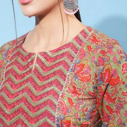 GULMOHAR JAIPUR Floral Printed Gotta Patti Pure Cotton Kurta With Trouser & Dupatta image 2