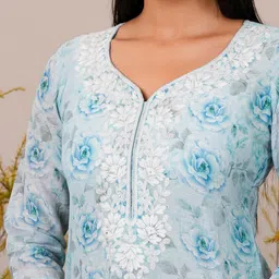 Libas Floral Printed Regular Linen Kurta with Trousers & Dupatta image 2