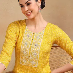 AHIKA  Bandhani Printed Regular Mirror Work Straight Kurta With Trouser & Dupatta image 2