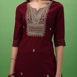 THE52 Floral Yoke Design Regular Thread Work Kurta with Trousers & With Dupatta image 2