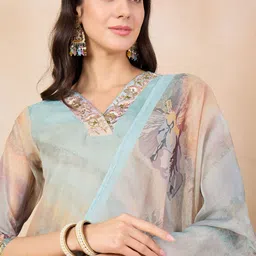 Anouk Blue Abstract Printed Thread Work Chanderi Silk Kurta with Trousers & Dupatta image 2
