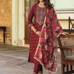 KALINI Floral Yoke Design Thread Work Kurta With Trousers & Dupatta image 3