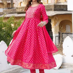 KALINI Ethnic Motifs Printed Regular Thread Work Kurta with Trousers & With Dupatta image 3
