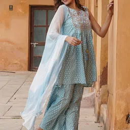 KALINI Ethnic Motifs Printed Thread Work A-Line Kurta With Sharara & Dupatta image 3