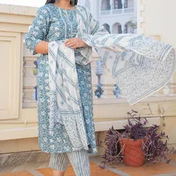 KALINI Women Floral Printed Regular Pure Cotton Kurta with Trousers & With Dupatta image 3