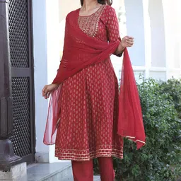SINGNI Ethnic Motifs Printed Regular Sequinned Anarkali Kurta with Trousers & With Dupatta image 3