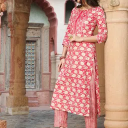 GULMOHAR JAIPUR Floral Printed Regular Pure Cotton Kurta with Trousers & With Dupatta image 3