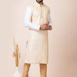 ROOTED LIBAAS Geometric Woven Design Regular Thread Work Dupion Silk Kurta With Pyjamas image 3