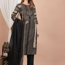 YASH GALLERY Ethnic Motifs Printed Regular Pure Cotton Kurta with Trousers & With Dupatta image 3