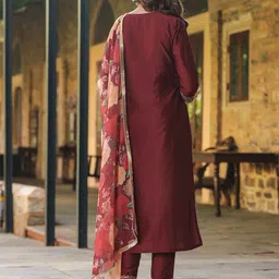 KALINI Floral Yoke Design Thread Work Kurta With Trousers & Dupatta image 4