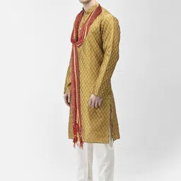 SG LEMAN Woven Design Mandarin Collar Thread Work Raw Silk Kurta with Pyjamas & Dupatta image 4