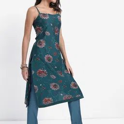 Vishudh Teal Blue & Red Floral Printed Regular Kurta With Trousers & Dupatta image 4