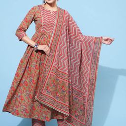GULMOHAR JAIPUR Floral Printed Gotta Patti Pure Cotton Kurta With Trouser & Dupatta image 4