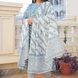 KALINI Women Floral Printed Regular Pure Cotton Kurta with Trousers & With Dupatta image 4