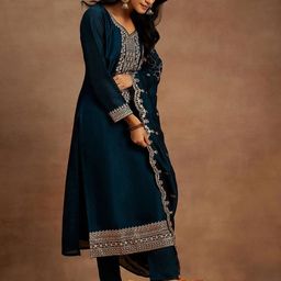 Libas Yoke Design Sequinned Straight Kurta with Trousers & With Dupatta image 4
