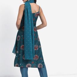 Vishudh Teal Blue & Red Floral Printed Regular Kurta With Trousers & Dupatta image 5