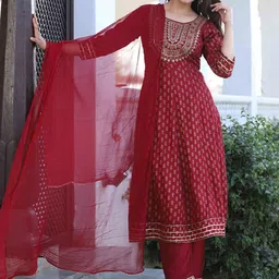 SINGNI Ethnic Motifs Printed Regular Sequinned Anarkali Kurta with Trousers & With Dupatta image 5